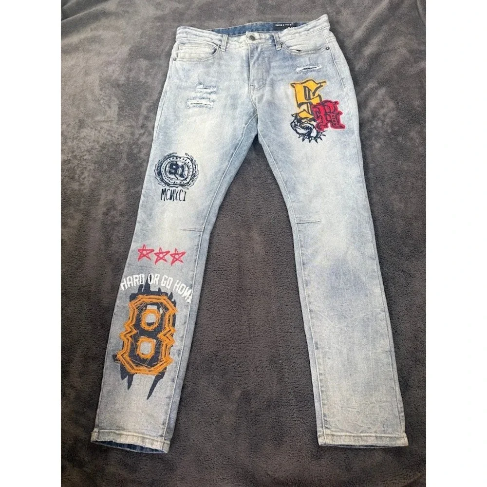 Smoke Rise Mens Light Wash Distressed Patched Graphic Denim Jeans Slim Fit 34x31